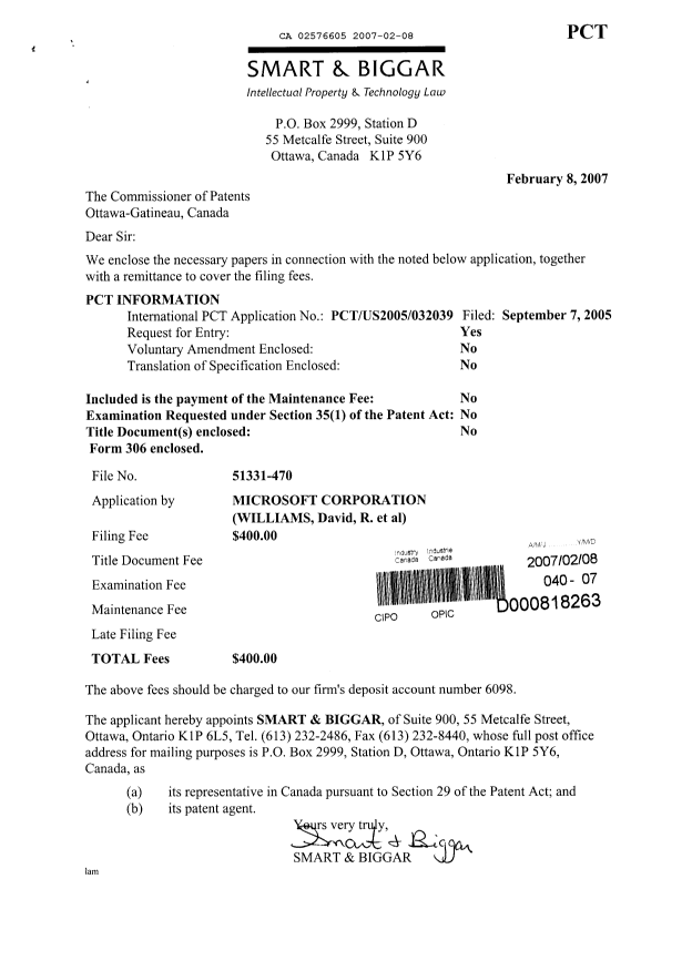 Document de brevet canadien 2576605. Cession 20070208. Image 1 de 2