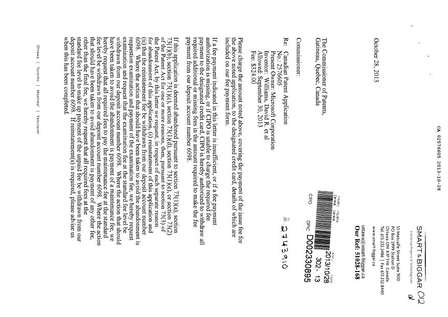 Canadian Patent Document 2576605. Correspondence 20131028. Image 1 of 2