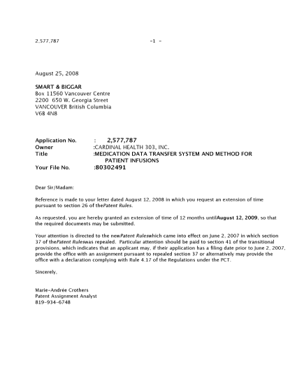 Canadian Patent Document 2577787. Correspondence 20071225. Image 1 of 1
