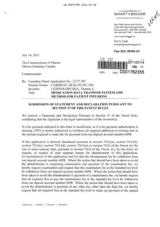 Canadian Patent Document 2577787. Correspondence 20101214. Image 1 of 3