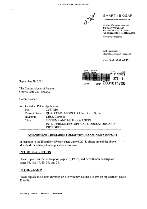 Canadian Patent Document 2577816. Prosecution-Amendment 20101229. Image 1 of 30