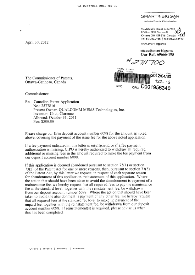Canadian Patent Document 2577816. Correspondence 20111230. Image 1 of 2