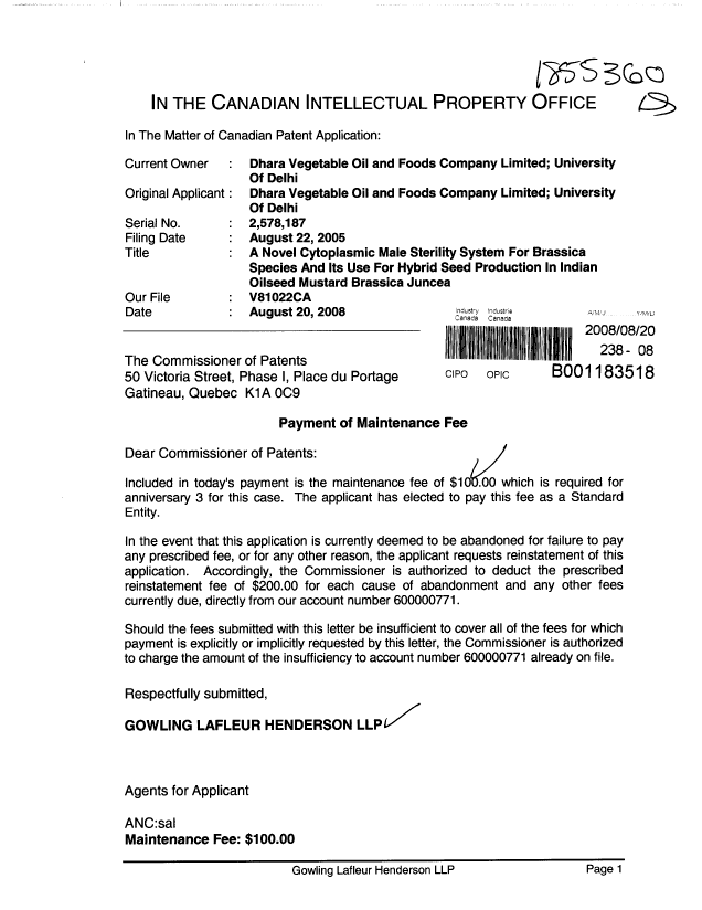Canadian Patent Document 2578187. Fees 20080820. Image 1 of 1