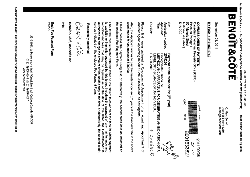 Canadian Patent Document 2578226. Fees 20110908. Image 1 of 1