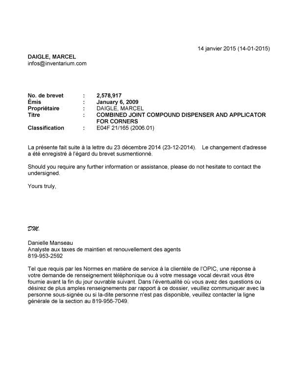 Document de brevet canadien 2578917. Correspondance 20150114. Image 1 de 1