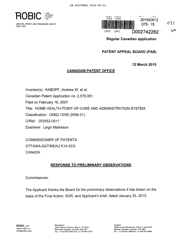 Canadian Patent Document 2579081. Prosecution-Amendment 20150312. Image 1 of 7