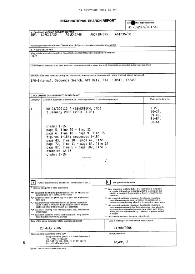 Document de brevet canadien 2579102. PCT 20070227. Image 1 de 8