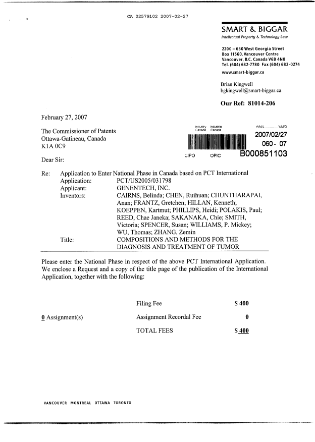 Document de brevet canadien 2579102. Cession 20070227. Image 1 de 5