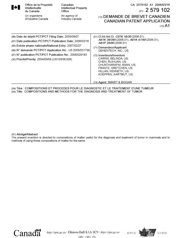 Document de brevet canadien 2579102. Page couverture 20070430. Image 1 de 2