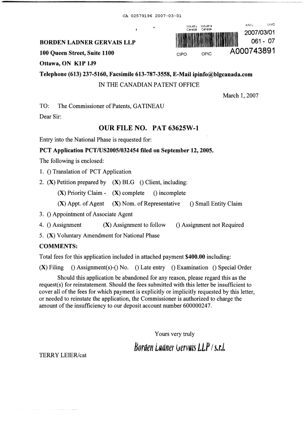 Document de brevet canadien 2579196. Cession 20070301. Image 1 de 3