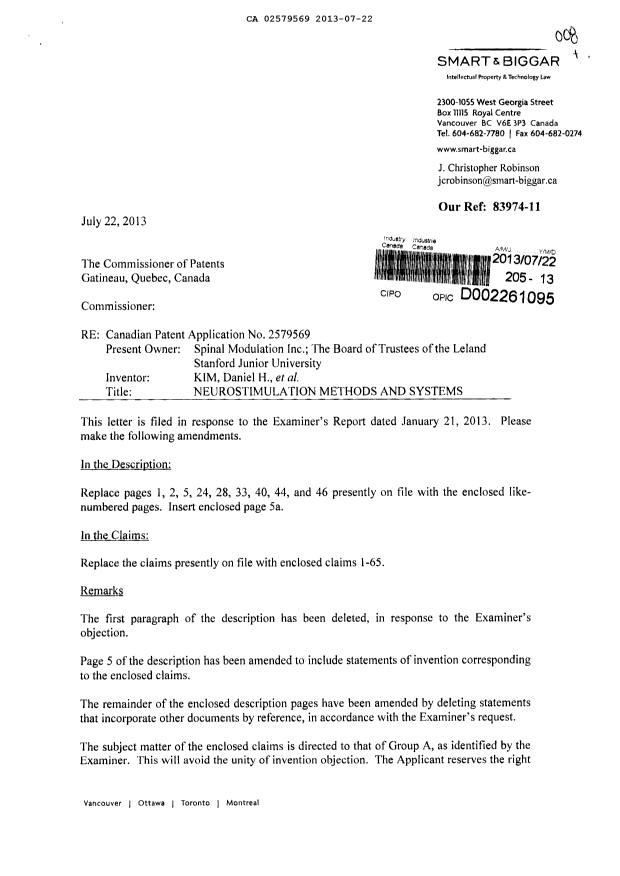Document de brevet canadien 2579569. Poursuite-Amendment 20130722. Image 1 de 17