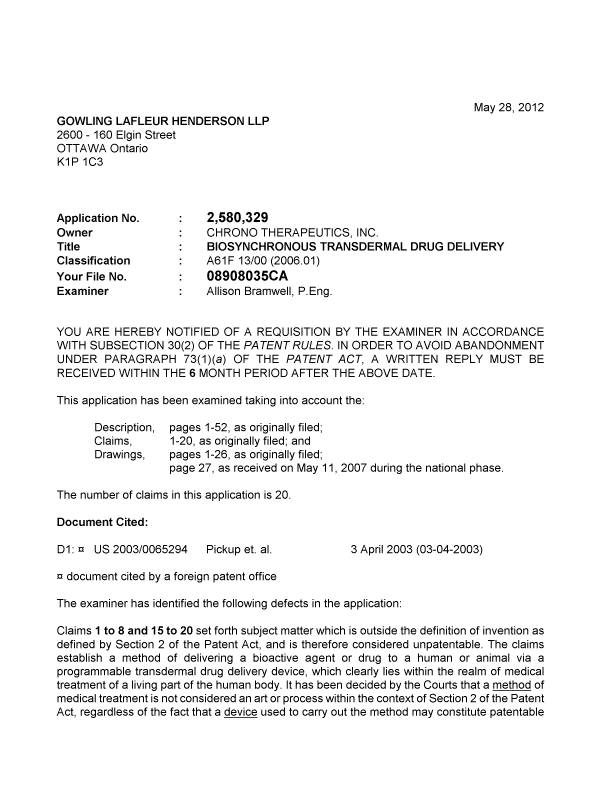 Document de brevet canadien 2580329. Poursuite-Amendment 20120528. Image 1 de 3