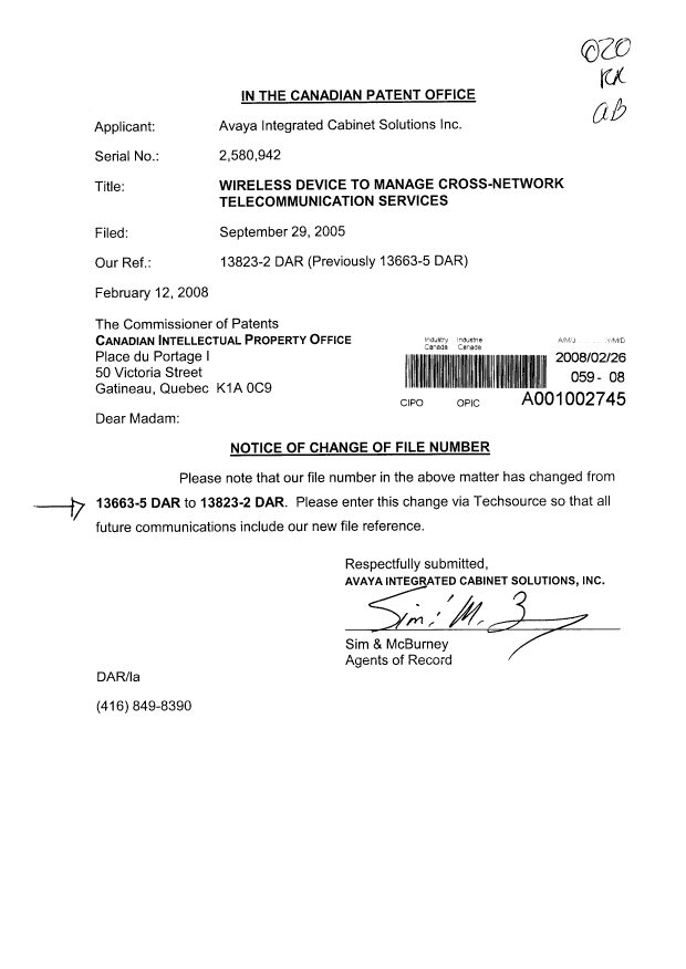 Canadian Patent Document 2580942. Correspondence 20080226. Image 1 of 1