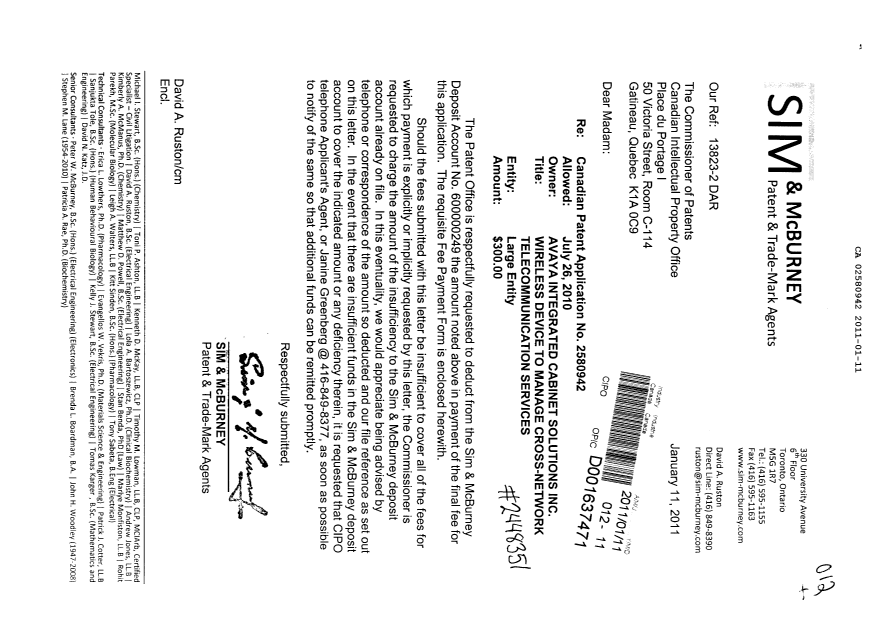 Canadian Patent Document 2580942. Correspondence 20110111. Image 1 of 1