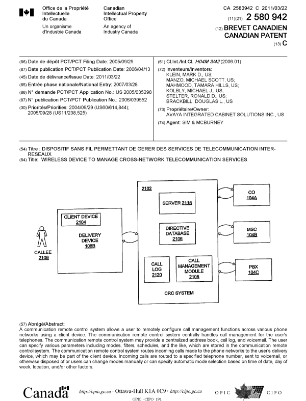 Document de brevet canadien 2580942. Page couverture 20110222. Image 1 de 1