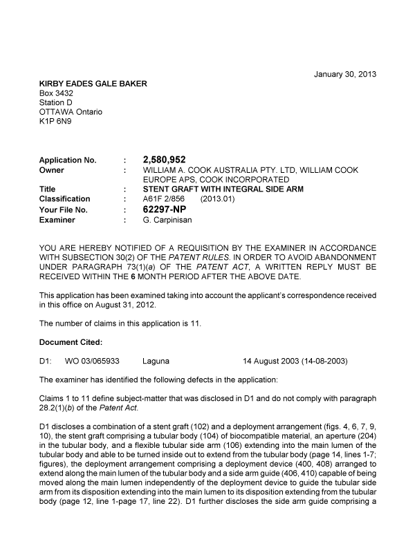 Canadian Patent Document 2580952. Prosecution-Amendment 20130130. Image 1 of 2