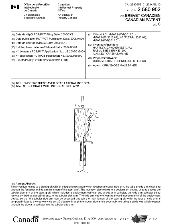 Canadian Patent Document 2580952. Cover Page 20140515. Image 1 of 1