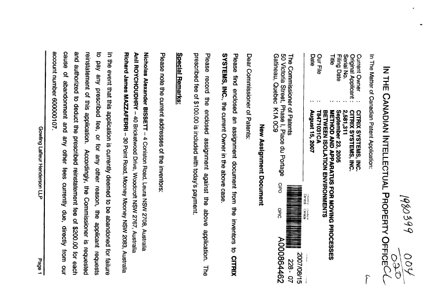 Canadian Patent Document 2581311. Correspondence 20061215. Image 1 of 2