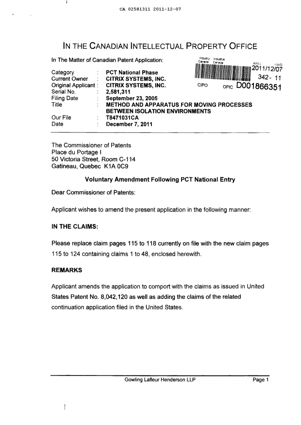 Canadian Patent Document 2581311. Prosecution-Amendment 20101207. Image 1 of 12