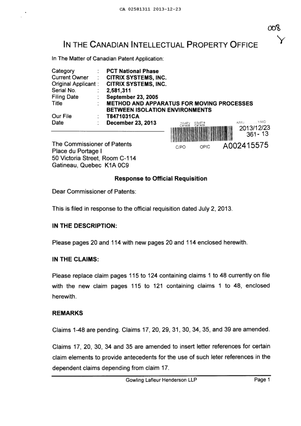 Canadian Patent Document 2581311. Prosecution-Amendment 20121223. Image 1 of 13