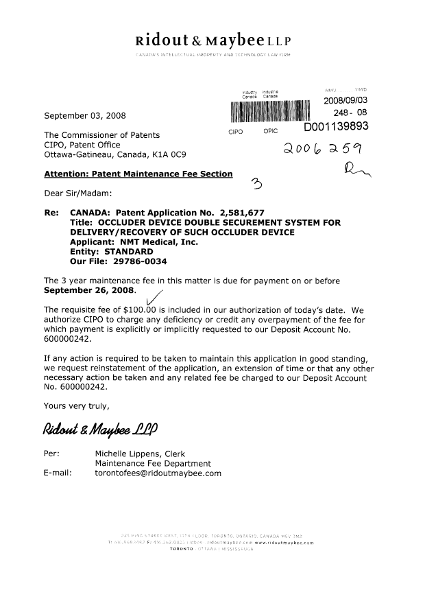 Document de brevet canadien 2581677. Taxes 20080903. Image 1 de 1