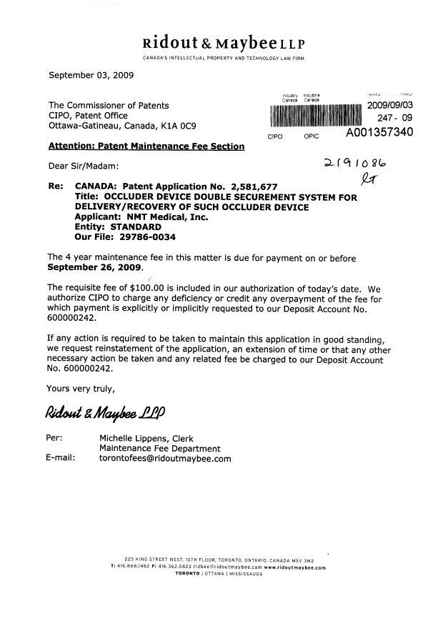 Document de brevet canadien 2581677. Taxes 20090903. Image 1 de 1