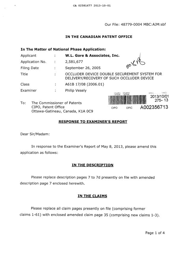 Document de brevet canadien 2581677. Poursuite-Amendment 20131001. Image 1 de 6