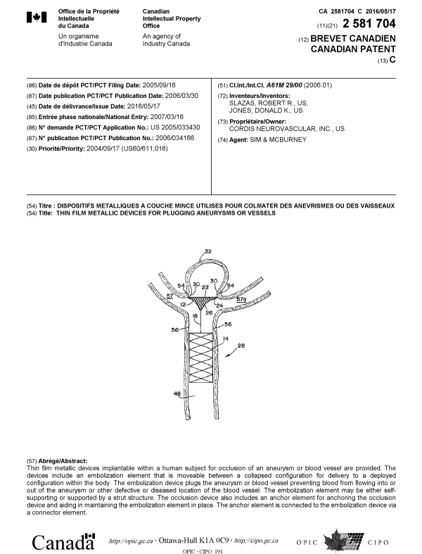 Canadian Patent Document 2581704. Cover Page 20151229. Image 1 of 1