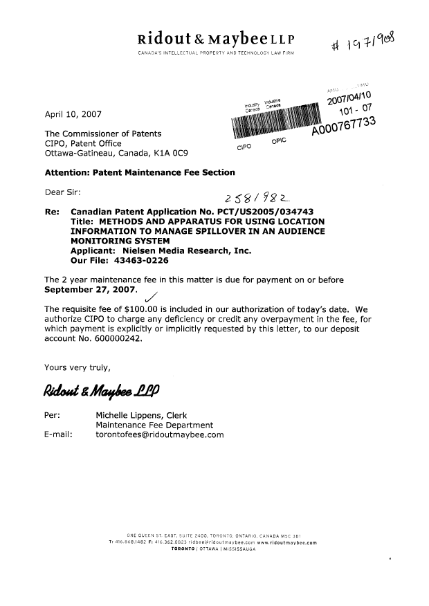 Document de brevet canadien 2581982. Taxes 20070410. Image 1 de 1