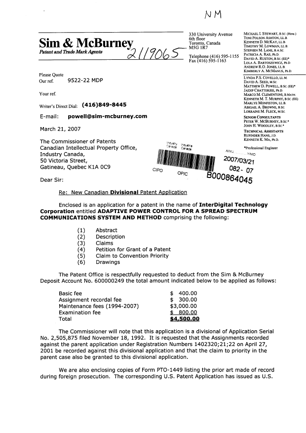 Document de brevet canadien 2582173. Cession 20070321. Image 1 de 3