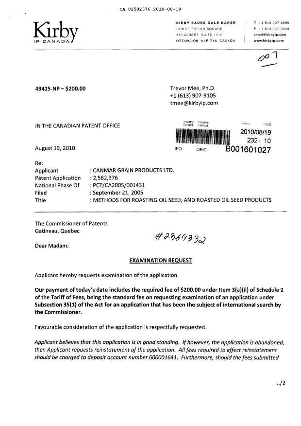 Canadian Patent Document 2582376. Prosecution-Amendment 20091219. Image 1 of 2