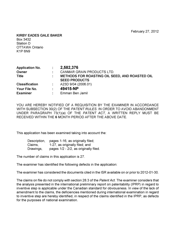 Canadian Patent Document 2582376. Prosecution-Amendment 20111227. Image 1 of 2