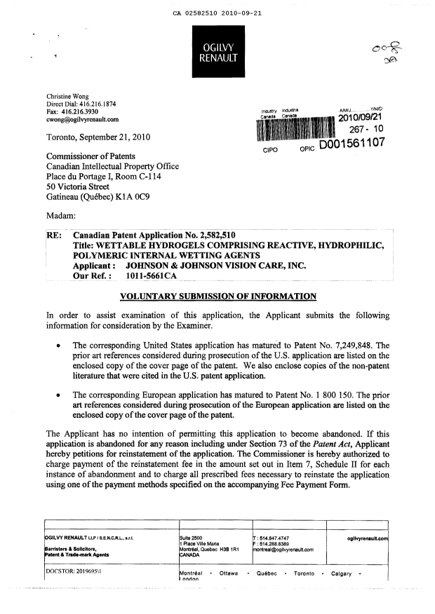 Document de brevet canadien 2582510. Poursuite-Amendment 20091221. Image 1 de 2