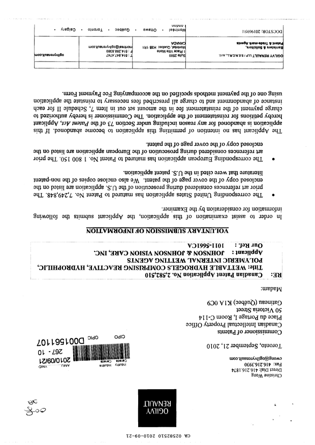 Canadian Patent Document 2582510. Prosecution-Amendment 20091221. Image 1 of 2