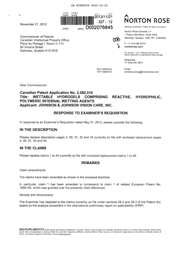 Canadian Patent Document 2582510. Prosecution-Amendment 20111221. Image 1 of 27