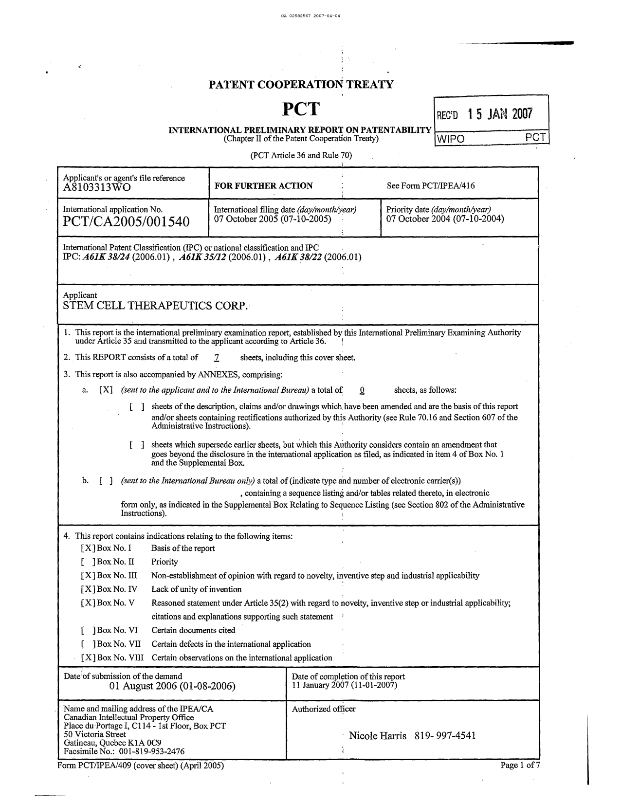 Canadian Patent Document 2582567. PCT 20061204. Image 1 of 7