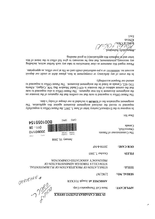 Canadian Patent Document 2582567. Correspondence 20071210. Image 1 of 1