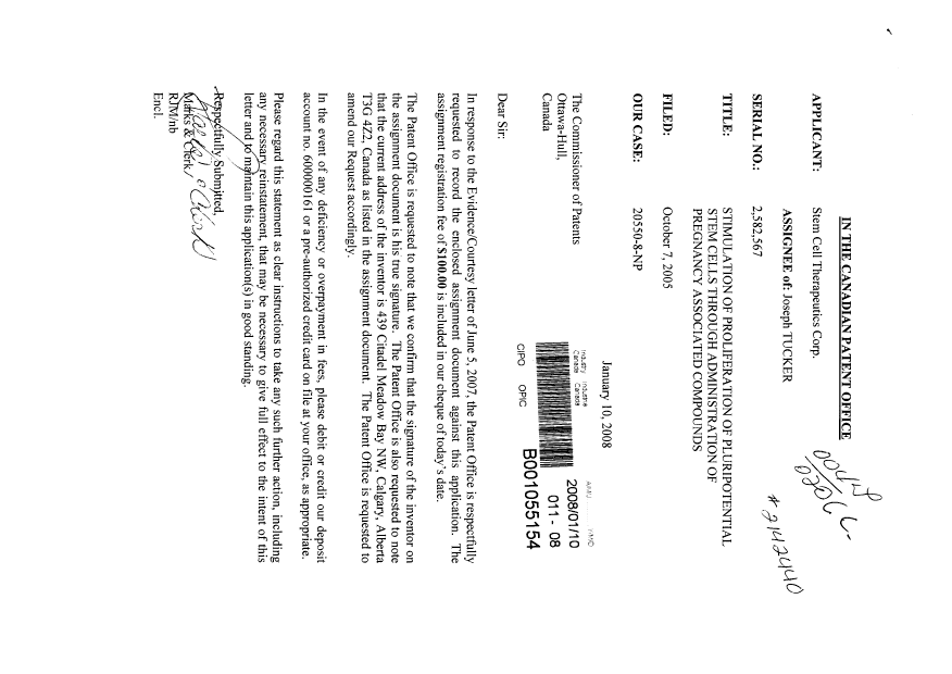Document de brevet canadien 2582567. Correspondance 20071210. Image 1 de 1