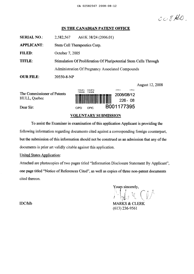 Canadian Patent Document 2582567. Prosecution-Amendment 20071212. Image 1 of 1
