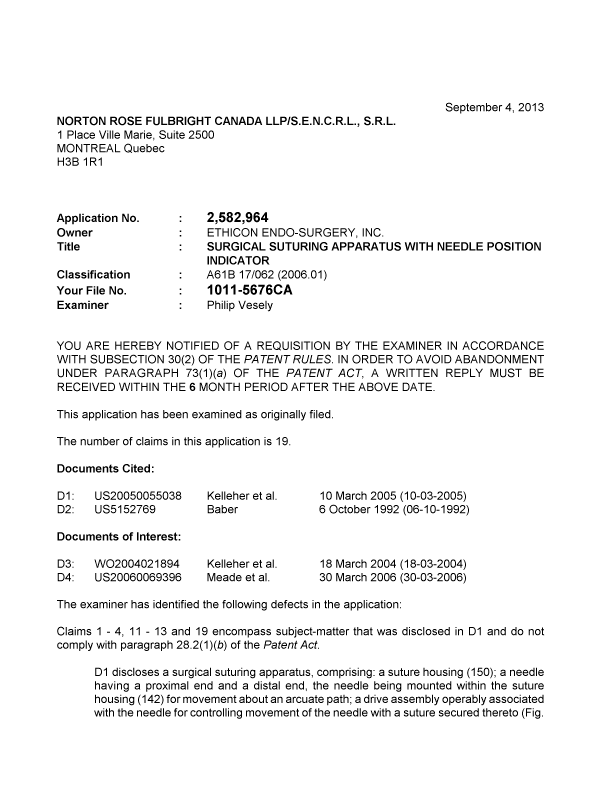 Document de brevet canadien 2582964. Poursuite-Amendment 20130904. Image 1 de 2