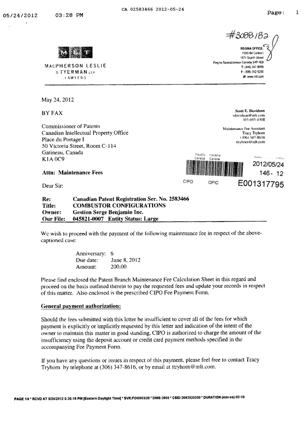 Document de brevet canadien 2583466. Taxes 20120524. Image 1 de 3