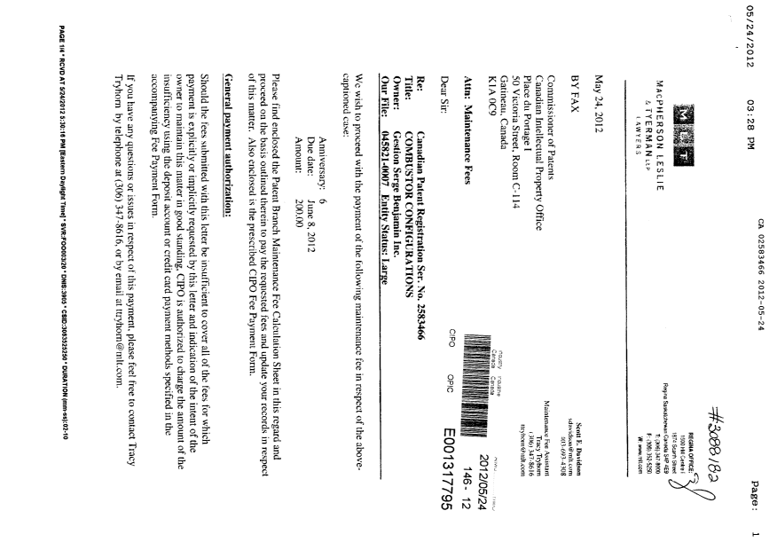 Canadian Patent Document 2583466. Fees 20120524. Image 1 of 3