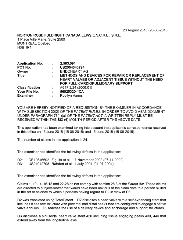 Canadian Patent Document 2583591. Examiner Requisition 20150826. Image 1 of 3