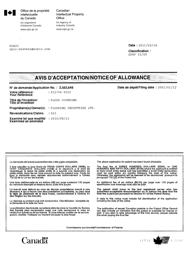 Document de brevet canadien 2583648. Correspondance 20110214. Image 1 de 1
