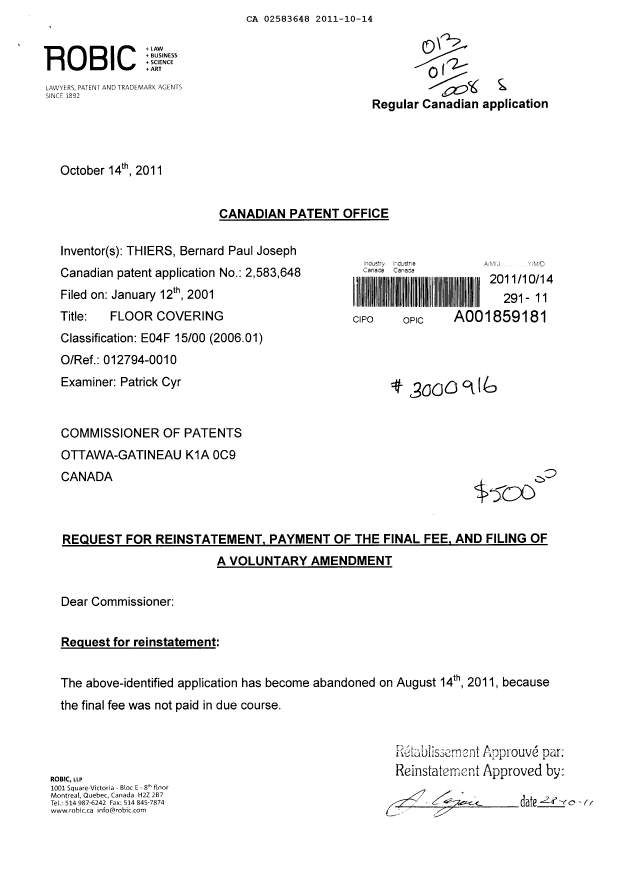 Document de brevet canadien 2583648. Poursuite-Amendment 20111014. Image 1 de 9