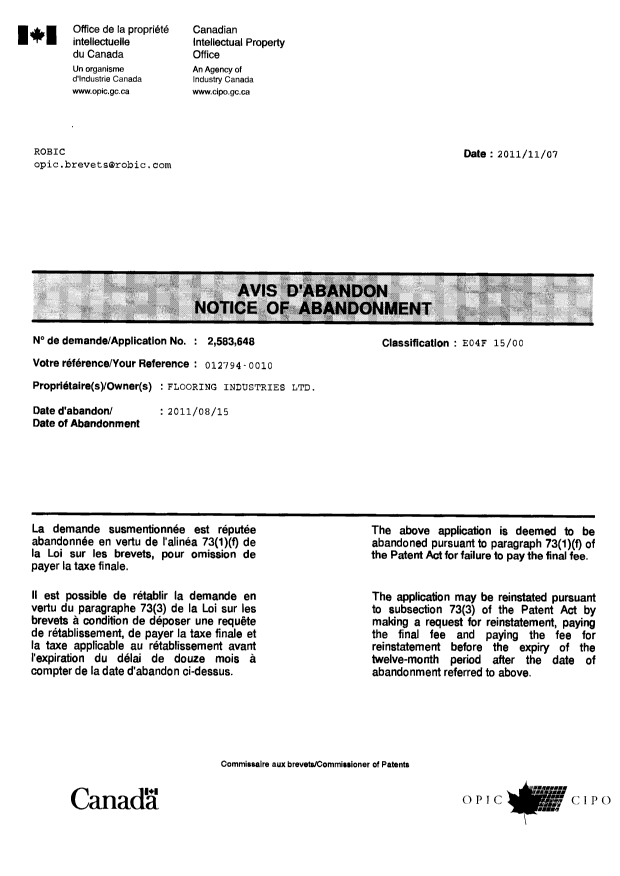 Document de brevet canadien 2583648. Correspondance 20111107. Image 1 de 1