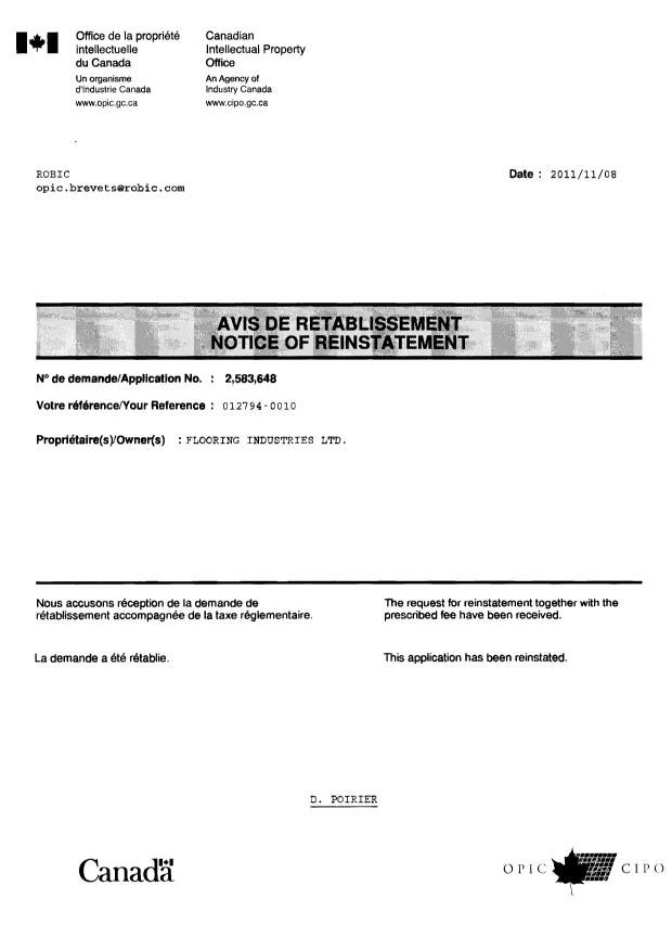 Document de brevet canadien 2583648. Correspondance 20111108. Image 1 de 1