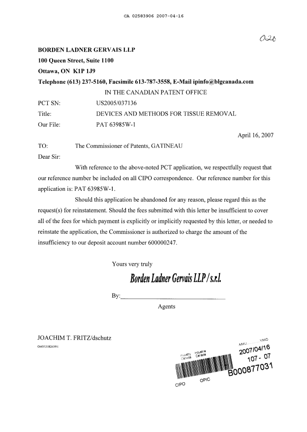 Canadian Patent Document 2583906. Correspondence 20070416. Image 1 of 1