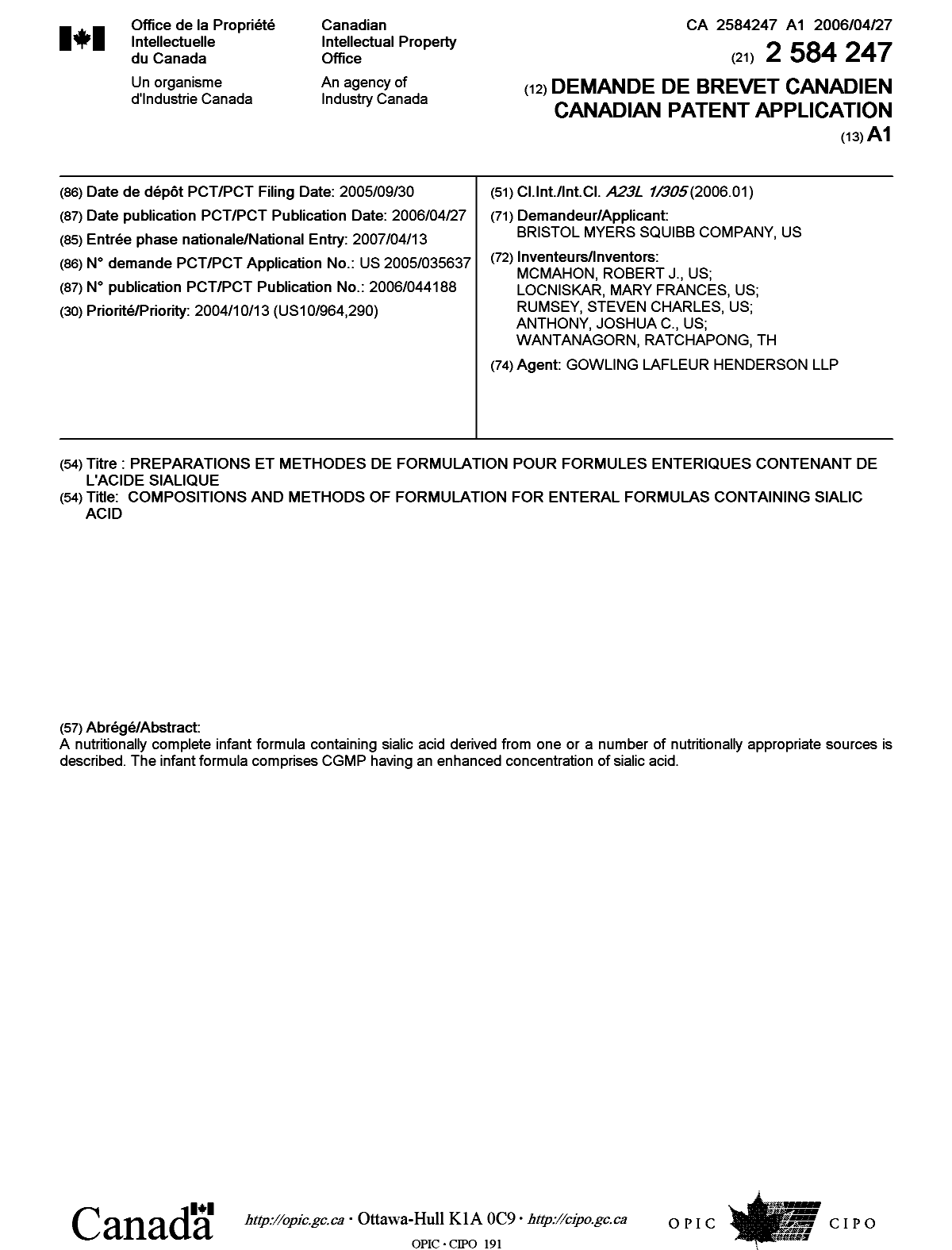 Canadian Patent Document 2584247. Cover Page 20070620. Image 1 of 1