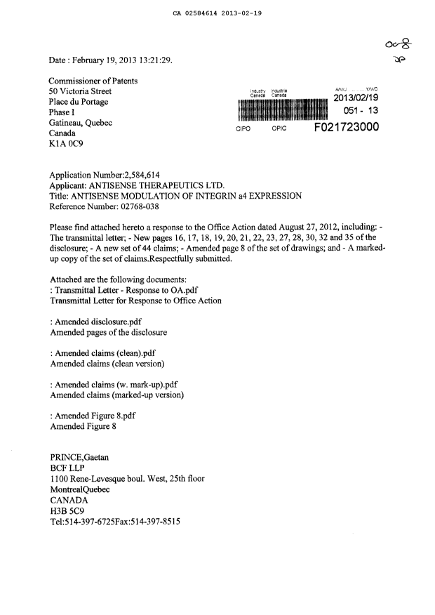 Document de brevet canadien 2584614. Poursuite-Amendment 20121219. Image 1 de 37